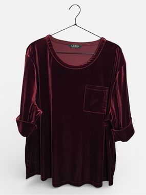 Lauren Ralph Lauren Burgundy Maroon Velvet Velour Blouse Top